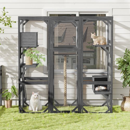 Outdoor Cat House DIY Cat Enclosure, Cat Catio With Double Enter Doors 62.8 L X 32.2 W X68.5 H Balcony Cat Playpen With Platforms And Two Condos For 1 - 3 Cats Light Grey - Mijn winkel