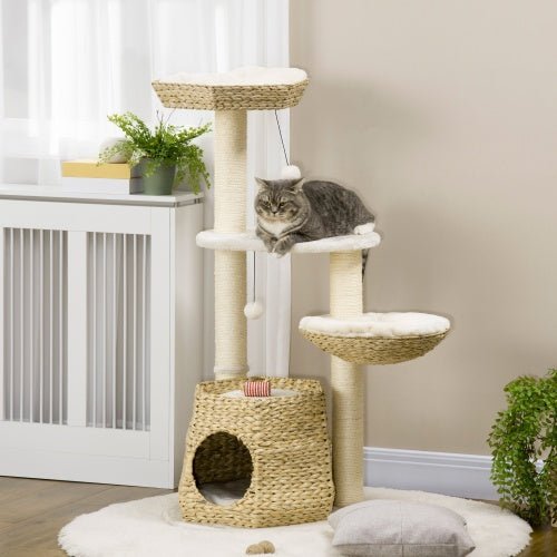PawHut 47 Cat Tree Kitty Activity Center, Cat Climbing Toy With Cattail Fluff, Bed, Condo, Sisal Scratching Post, And Hanging Ball, Natural - Mijn winkel