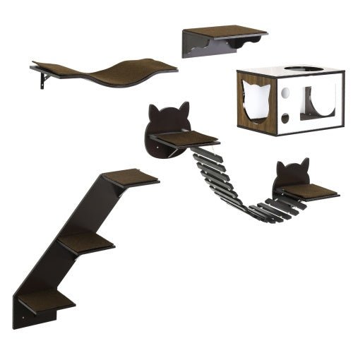 PawHut Cat Shelves With Ergonomically Curved Platform, Cozy Cat House, Bridge, Easy Stairs, And Flat Perch, Wall - Mounted Cat Tree Climbing Playground, Modern Cat Tree, Coffee Brown - Mijn winkel
