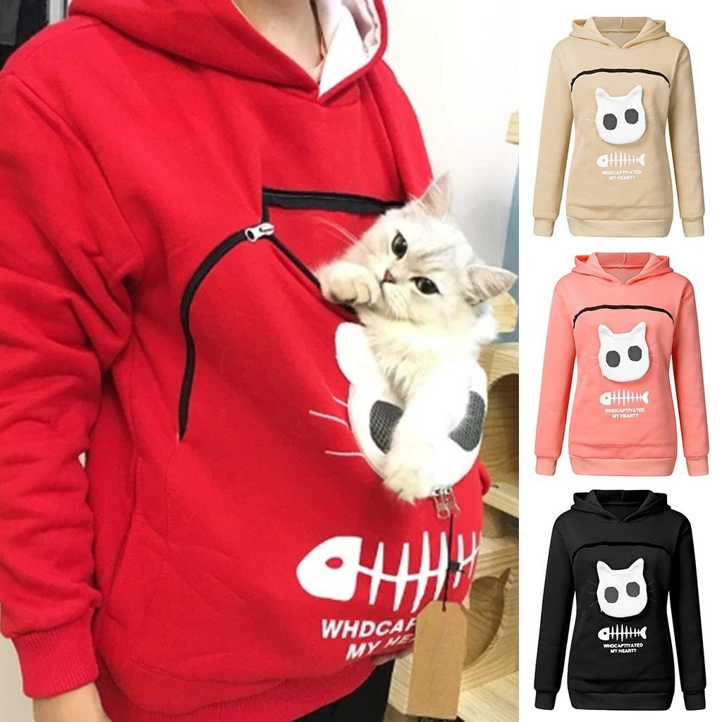Women Hoodie Sweatshirt With Cat Pet Pocket Design Long Sleeve Sweater Cat Outfit - Mijn winkel