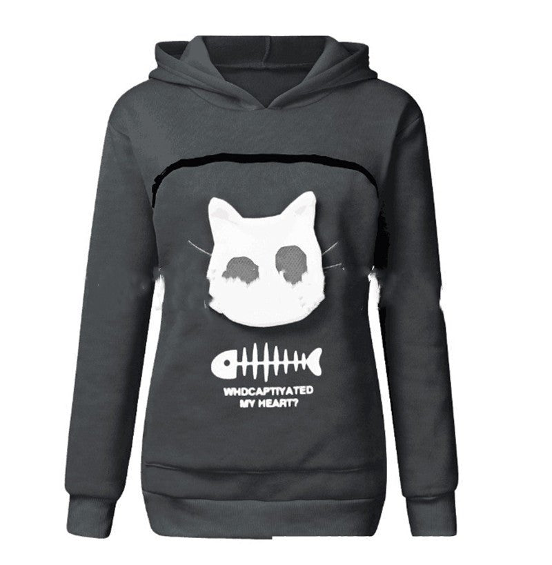 Women Hoodie Sweatshirt With Cat Pet Pocket Design Long Sleeve Sweater Cat Outfit - Mijn winkel