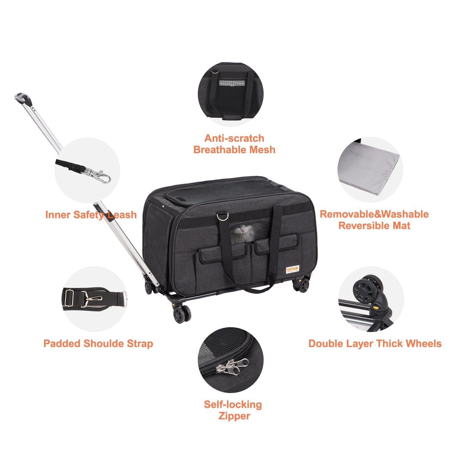 Cat Carrier With Wheels, Rolling Pet Carrier With Telescopic Handle And Shoulder Strap, Dog Carrier With Wheels For Pets Under 35 Lbs, With 1 Folding Bowl, Black - Mijn winkel