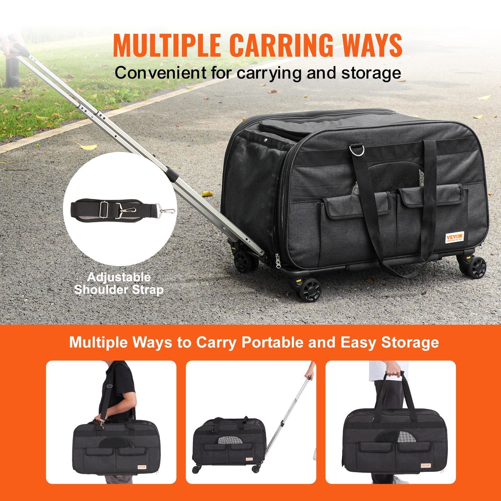 Cat Carrier With Wheels, Rolling Pet Carrier With Telescopic Handle And Shoulder Strap, Dog Carrier With Wheels For Pets Under 35 Lbs, With 1 Folding Bowl, Black - Mijn winkel