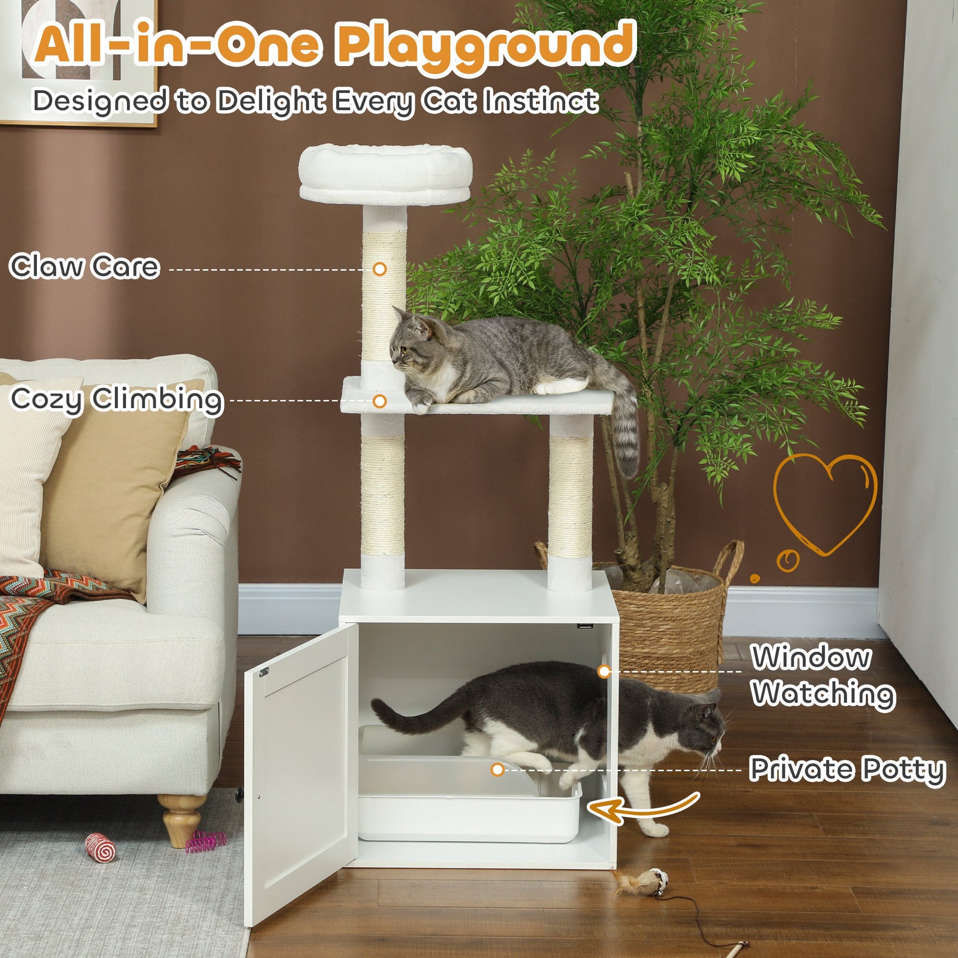 Cat Tree With Litter Box Enclosure, Scratching Posts, Bed, Climbing Platforms For Indoor Cats, White - Mijn winkel