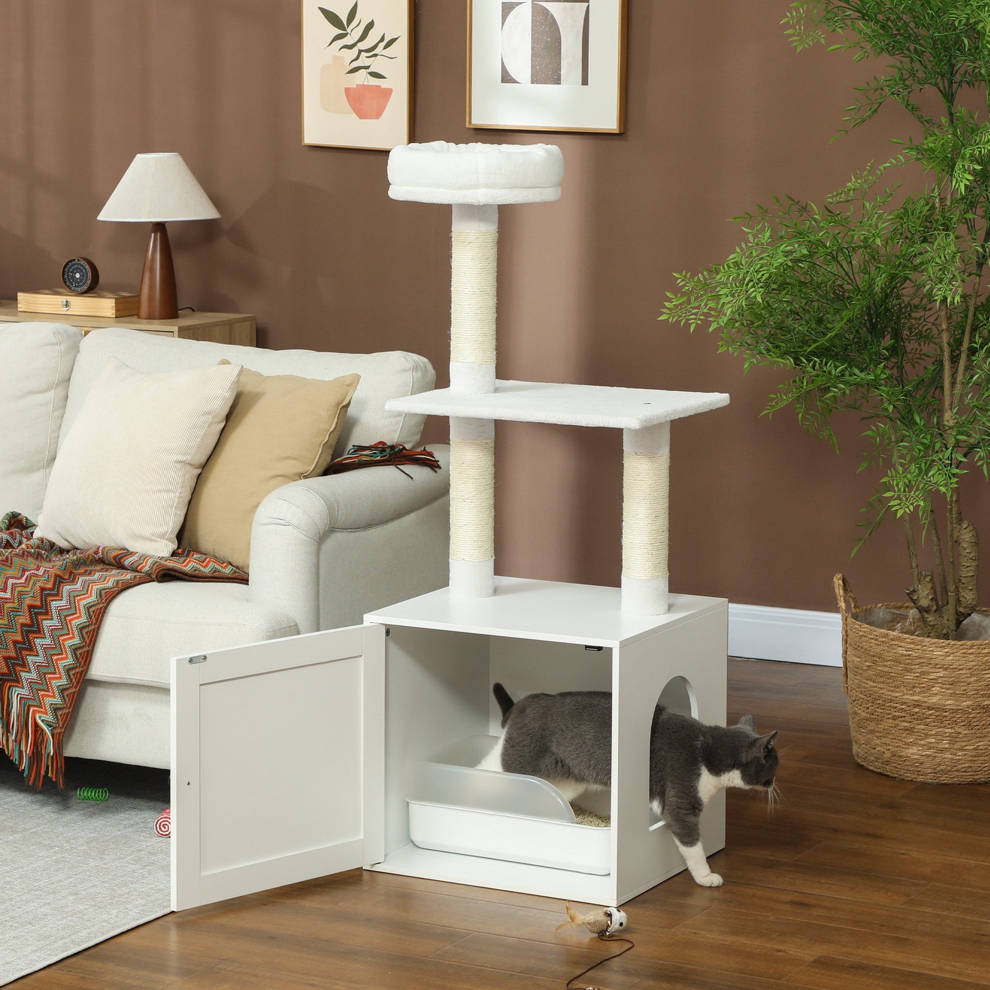 Cat Tree With Litter Box Enclosure, Scratching Posts, Bed, Climbing Platforms For Indoor Cats, White - Mijn winkel