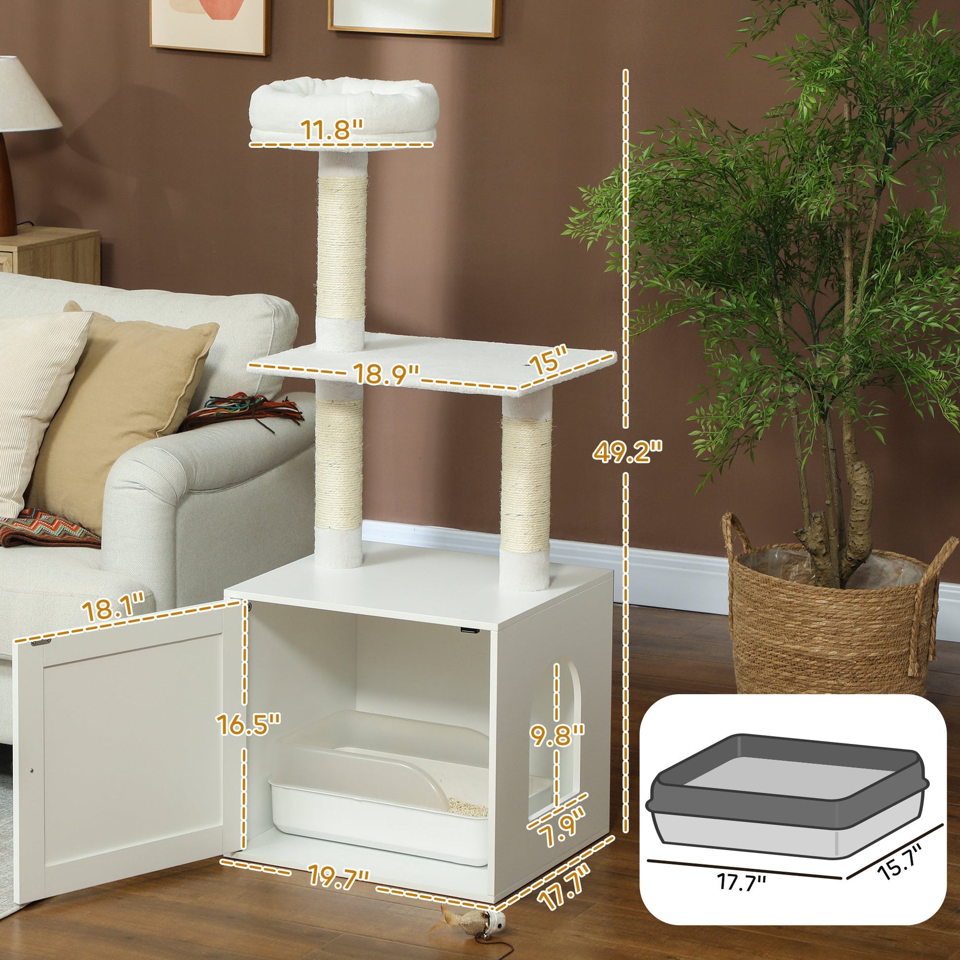 Cat Tree With Litter Box Enclosure, Scratching Posts, Bed, Climbing Platforms For Indoor Cats, White - Mijn winkel