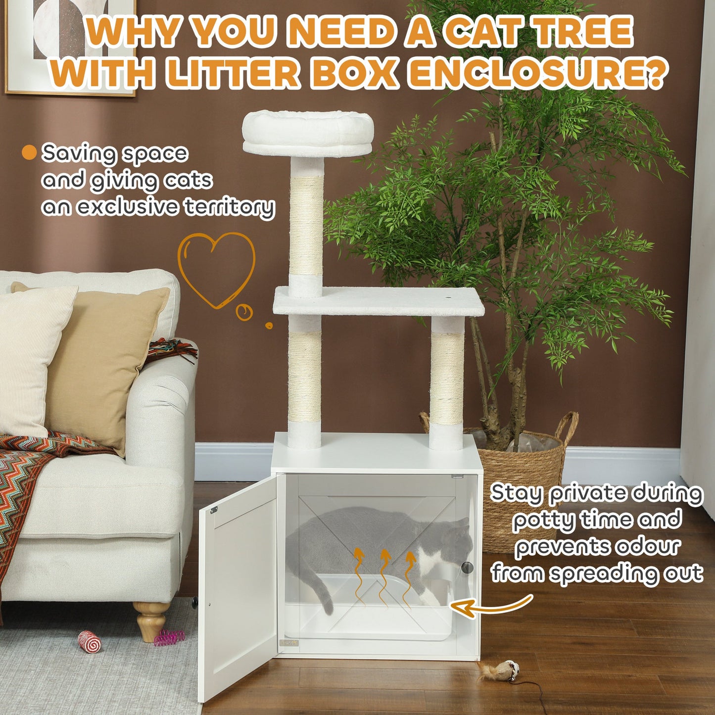 Cat Tree With Litter Box Enclosure, Scratching Posts, Bed, Climbing Platforms For Indoor Cats, White - Mijn winkel