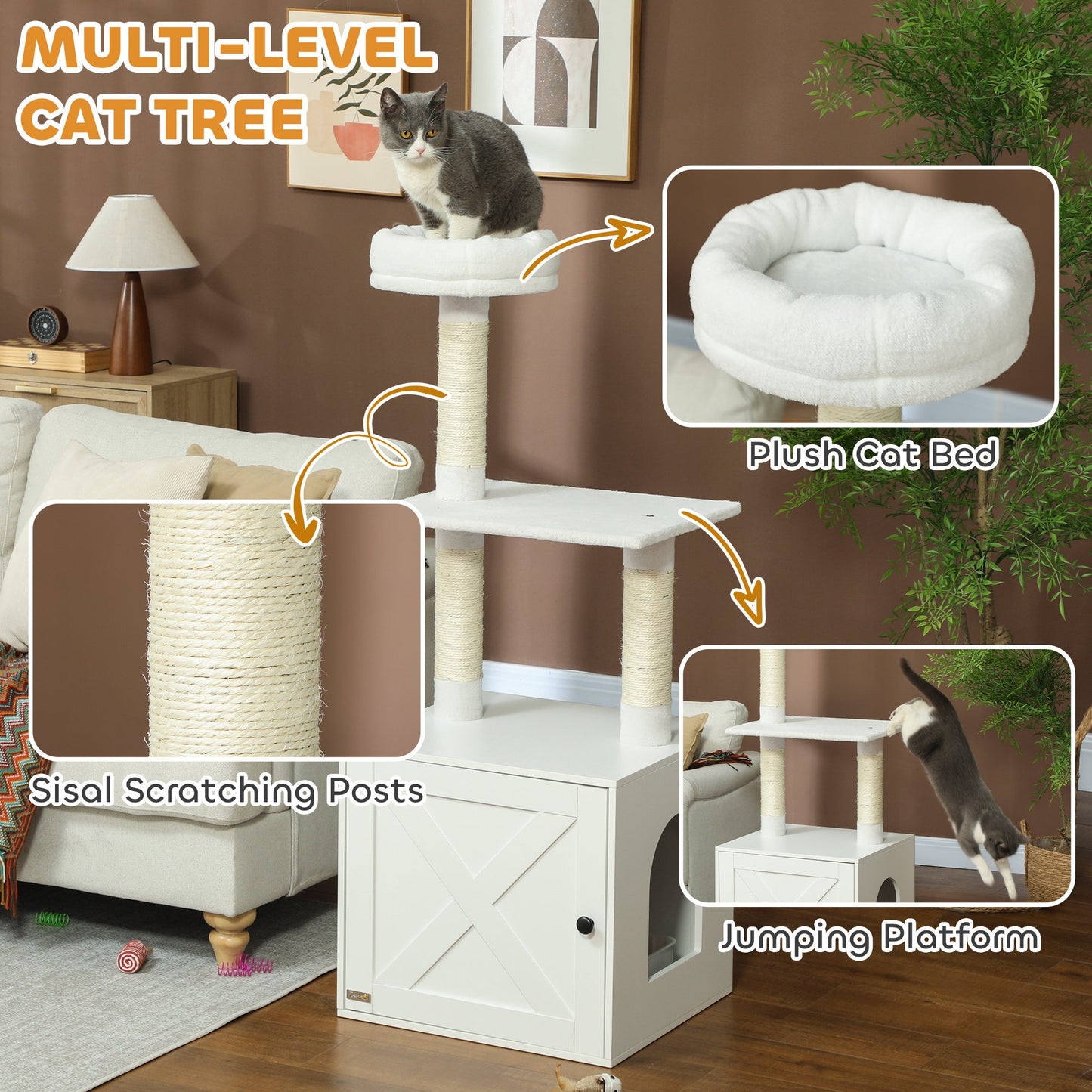 Cat Tree With Litter Box Enclosure, Scratching Posts, Bed, Climbing Platforms For Indoor Cats, White - Mijn winkel