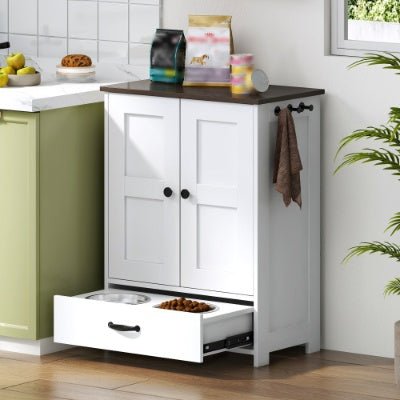 Dog Feeding Station, Dog Food Storage Cabinet With Hidden Dog Bowls, Adjustable Panel, Hooks, For Medium Sized Dogs, White - Mijn winkel