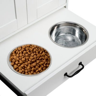 Dog Feeding Station, Dog Food Storage Cabinet With Hidden Dog Bowls, Adjustable Panel, Hooks, For Medium Sized Dogs, White - Mijn winkel