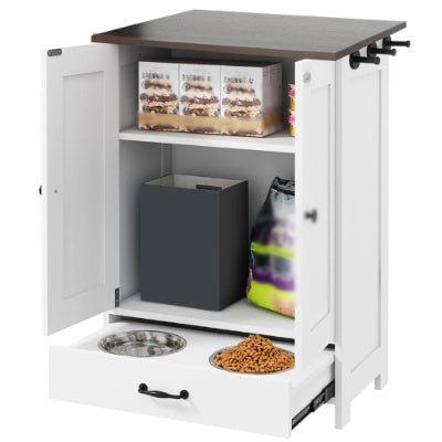Dog Feeding Station, Dog Food Storage Cabinet With Hidden Dog Bowls, Adjustable Panel, Hooks, For Medium Sized Dogs, White - Mijn winkel