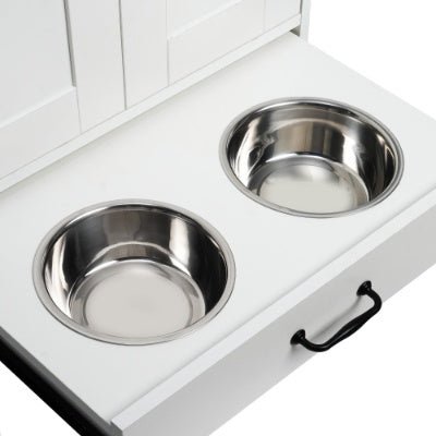 Dog Feeding Station, Dog Food Storage Cabinet With Hidden Dog Bowls, Adjustable Panel, Hooks, For Medium Sized Dogs, White - Mijn winkel