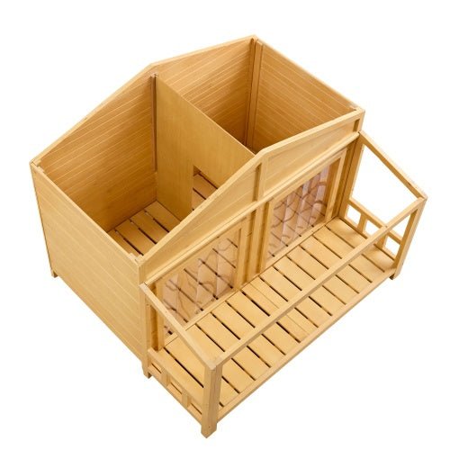 Dog House, Waterproof Dog Cage Kennel, Wooden Outdoor And Indoor Dog House, Raised Pet Kennel For Medium Dogs, Log Cabin Style With Porch,Elevated Floor,Asphalt Roof, 2 Doors, Pine Wood Natural - Mijn winkel