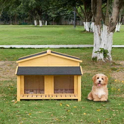 Dog House, Waterproof Dog Cage Kennel, Wooden Outdoor And Indoor Dog House, Raised Pet Kennel For Medium Dogs, Log Cabin Style With Porch,Elevated Floor,Asphalt Roof, 2 Doors, Pine Wood Natural - Mijn winkel