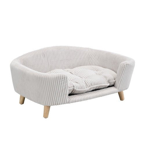Elevated Dog Bed Frame For Small Dog, Corduroy Pet Couch Bed With Rubber Wood Legs And Supportive Foam, Beige, Easy Assembly - Mijn winkel