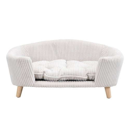 Elevated Dog Bed Frame For Small Dog, Corduroy Pet Couch Bed With Rubber Wood Legs And Supportive Foam, Beige, Easy Assembly - Mijn winkel