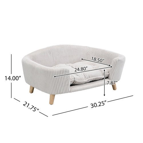 Elevated Dog Bed Frame For Small Dog, Corduroy Pet Couch Bed With Rubber Wood Legs And Supportive Foam, Beige, Easy Assembly - Mijn winkel
