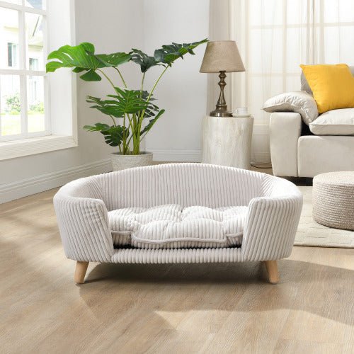 Elevated Dog Bed Frame For Small Dog, Corduroy Pet Couch Bed With Rubber Wood Legs And Supportive Foam, Beige, Easy Assembly - Mijn winkel
