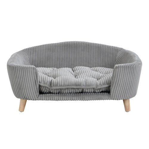Elevated Dog Bed Frame For Small Dog, Corduroy Pet Couch Bed With Rubber Wood Legs And Supportive Foam, Gray, Easy Assembly - Mijn winkel