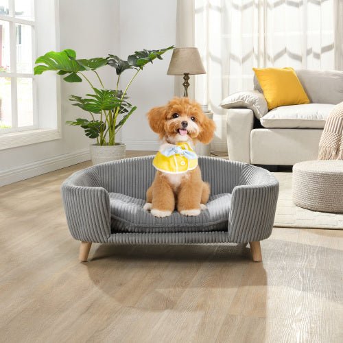 Elevated Dog Bed Frame For Small Dog, Corduroy Pet Couch Bed With Rubber Wood Legs And Supportive Foam, Gray, Easy Assembly - Mijn winkel