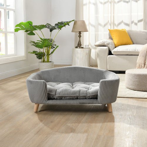 Elevated Dog Bed Frame For Small Dog, Corduroy Pet Couch Bed With Rubber Wood Legs And Supportive Foam, Gray, Easy Assembly - Mijn winkel