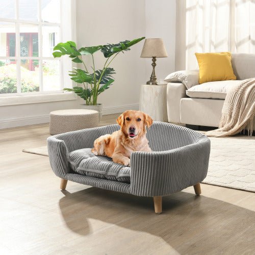 Elevated Dog Bed Frame For Small Dog, Corduroy Pet Couch Bed With Rubber Wood Legs And Supportive Foam, Gray, Easy Assembly - Mijn winkel
