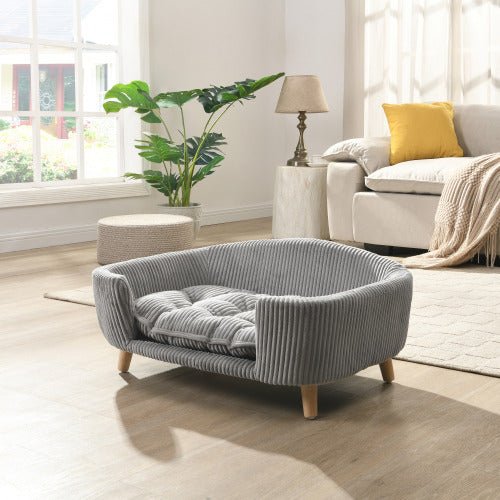 Elevated Dog Bed Frame For Small Dog, Corduroy Pet Couch Bed With Rubber Wood Legs And Supportive Foam, Gray, Easy Assembly - Mijn winkel