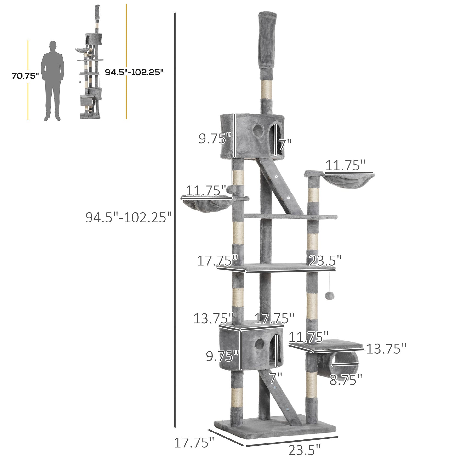 Floor Standing Cat Tree 94.5 - 10.25 Inch Height Adjustable Cat Climbing Tower, Apartment Hammock - Mijn winkel