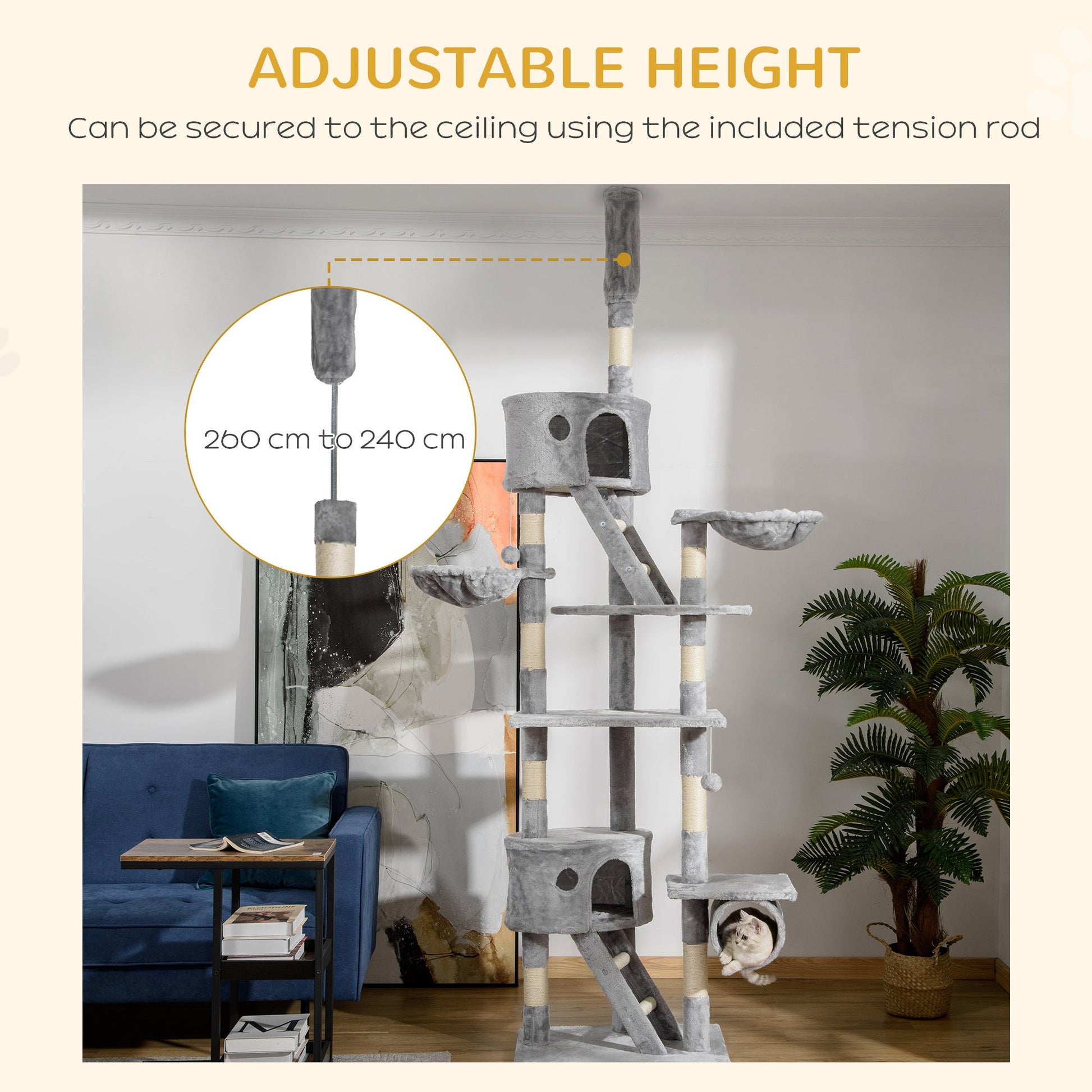 Floor Standing Cat Tree 94.5 - 10.25 Inch Height Adjustable Cat Climbing Tower, Apartment Hammock - Mijn winkel