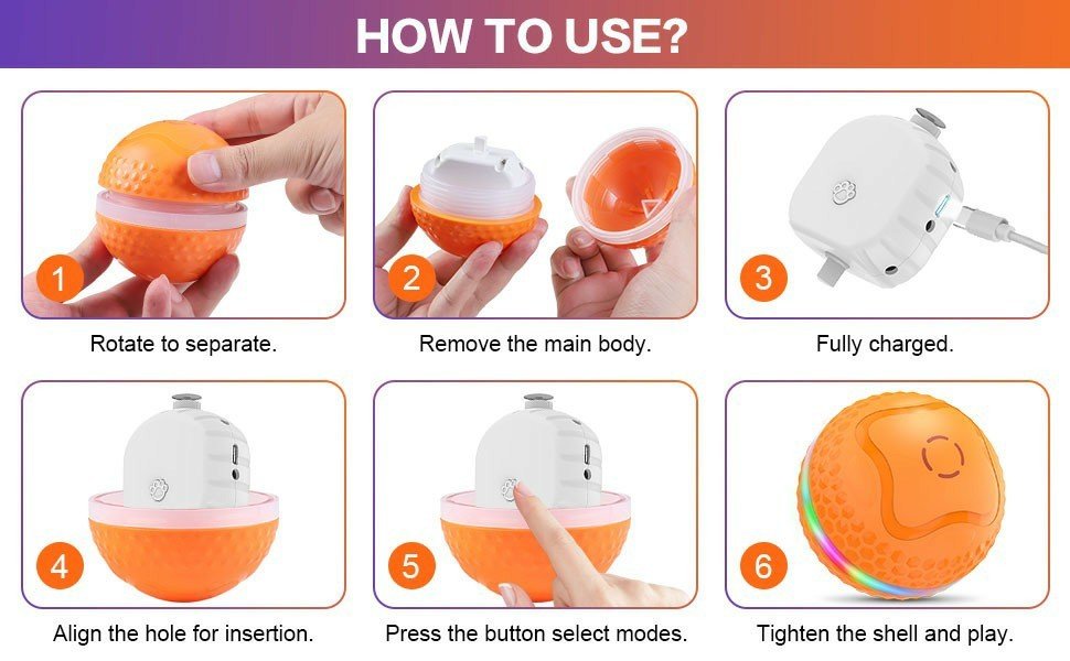 Interactive Dog Toys Ball, Automatic Rolling Toy, Lively Pet Ball For Medium ,Large Dogs To Relieve Boredom, Activated Automatic Motion Dog Balls Toy With LED Flash, USB Rechargeable Orange Purple - Mijn winkel