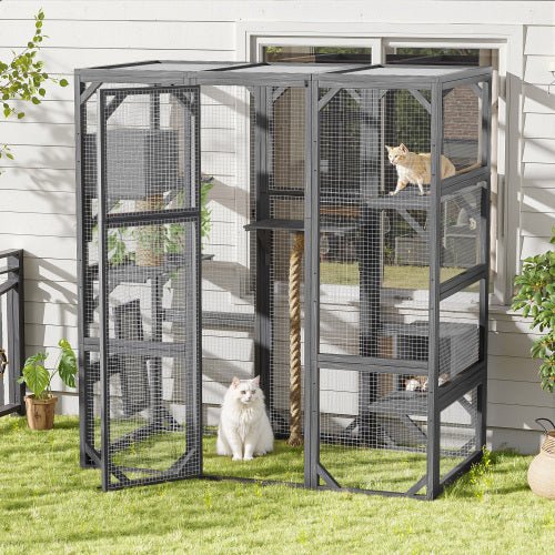 Outdoor Cat House DIY Cat Enclosure, Cat Catio With Double Enter Doors 62.8 L X 32.2 W X68.5 H Balcony Cat Playpen With Platforms And Two Condos For 1 - 3 Cats Light Grey - Mijn winkel