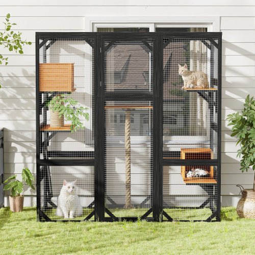 Outdoor Cat House DIY Cat Enclosure, Cat Catio With Double Enter Doors 62.8 L X 32.2 W X68.5 H Balcony Cat Playpen With Platforms And Two Condos For 1 - 3 Cats Light Grey - Mijn winkel