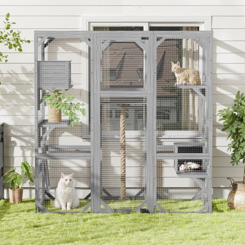 Outdoor Cat House DIY Cat Enclosure, Cat Catio With Double Enter Doors 62.8 L X 32.2 W X68.5 H Balcony Cat Playpen With Platforms And Two Condos For 1 - 3 Cats Light Grey - Mijn winkel