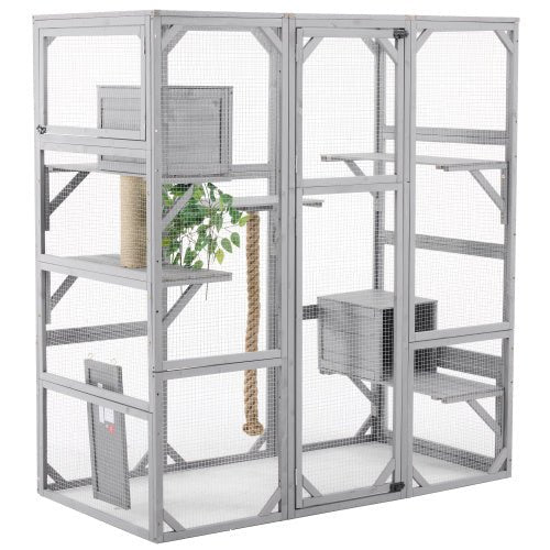 Outdoor Cat House DIY Cat Enclosure, Cat Catio With Double Enter Doors 62.8 L X 32.2 W X68.5 H Balcony Cat Playpen With Platforms And Two Condos For 1 - 3 Cats Light Grey - Mijn winkel