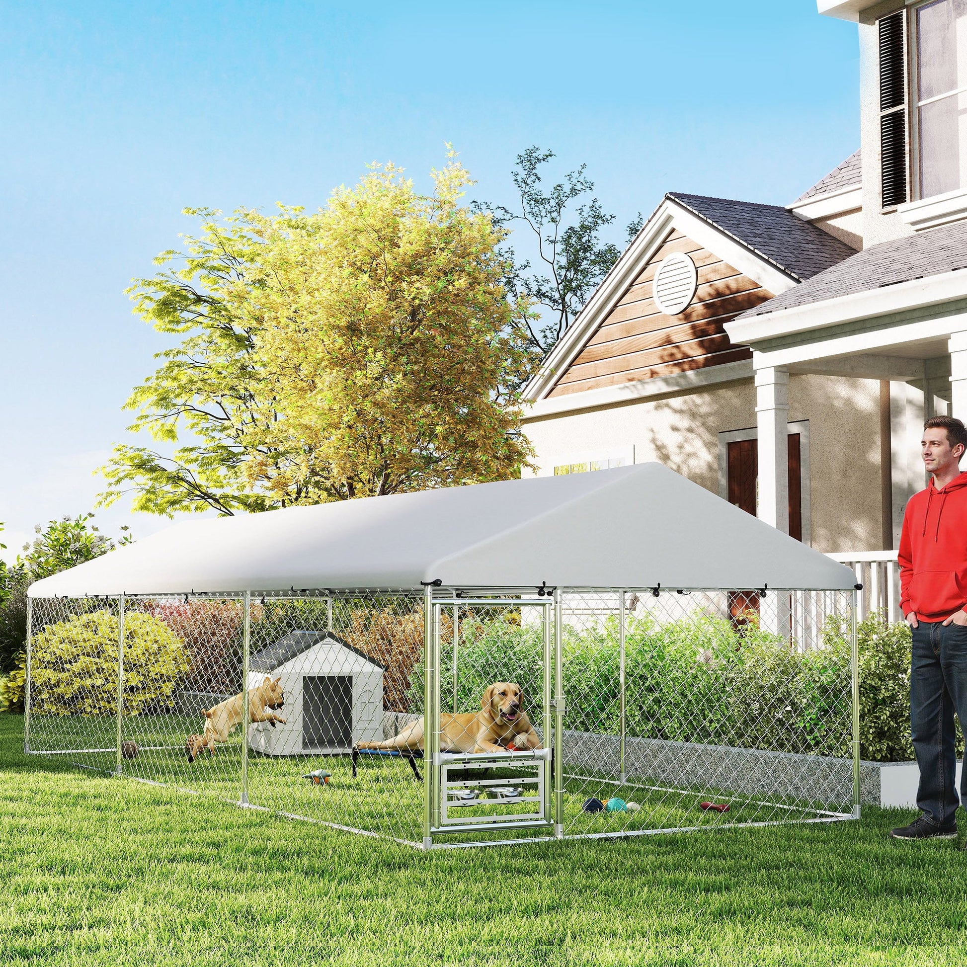 Outdoor Dog Kennel With Adjustable & Rotatable Bowl Rack, Waterproof Cover, Secure Lock, 19.7 X 7.5 X 5.2 - Mijn winkel