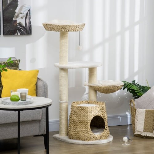 PawHut 47 Cat Tree Kitty Activity Center, Cat Climbing Toy With Cattail Fluff, Bed, Condo, Sisal Scratching Post, And Hanging Ball, Natural - Mijn winkel