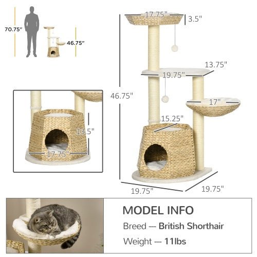 PawHut 47 Cat Tree Kitty Activity Center, Cat Climbing Toy With Cattail Fluff, Bed, Condo, Sisal Scratching Post, And Hanging Ball, Natural - Mijn winkel