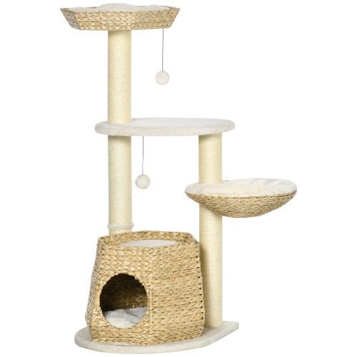PawHut 47 Cat Tree Kitty Activity Center, Cat Climbing Toy With Cattail Fluff, Bed, Condo, Sisal Scratching Post, And Hanging Ball, Natural - Mijn winkel