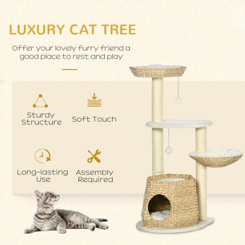PawHut 47 Cat Tree Kitty Activity Center, Cat Climbing Toy With Cattail Fluff, Bed, Condo, Sisal Scratching Post, And Hanging Ball, Natural - Mijn winkel