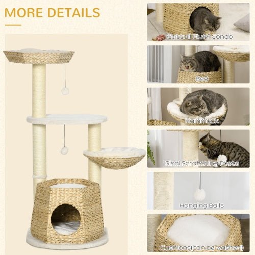 PawHut 47 Cat Tree Kitty Activity Center, Cat Climbing Toy With Cattail Fluff, Bed, Condo, Sisal Scratching Post, And Hanging Ball, Natural - Mijn winkel