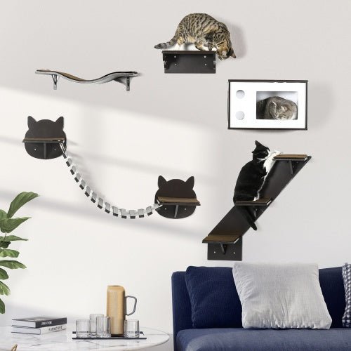 PawHut Cat Shelves With Ergonomically Curved Platform, Cozy Cat House, Bridge, Easy Stairs, And Flat Perch, Wall - Mounted Cat Tree Climbing Playground, Modern Cat Tree, Coffee Brown - Mijn winkel