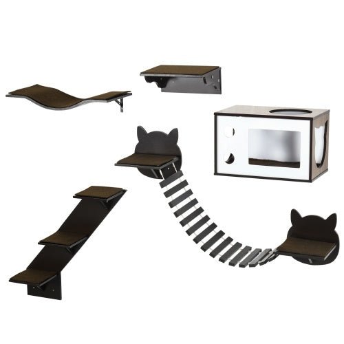 PawHut Cat Shelves With Ergonomically Curved Platform, Cozy Cat House, Bridge, Easy Stairs, And Flat Perch, Wall - Mounted Cat Tree Climbing Playground, Modern Cat Tree, Coffee Brown - Mijn winkel