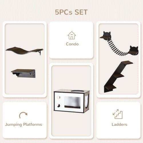 PawHut Cat Shelves With Ergonomically Curved Platform, Cozy Cat House, Bridge, Easy Stairs, And Flat Perch, Wall - Mounted Cat Tree Climbing Playground, Modern Cat Tree, Coffee Brown - Mijn winkel