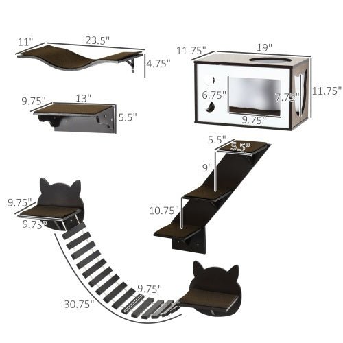 PawHut Cat Shelves With Ergonomically Curved Platform, Cozy Cat House, Bridge, Easy Stairs, And Flat Perch, Wall - Mounted Cat Tree Climbing Playground, Modern Cat Tree, Coffee Brown - Mijn winkel
