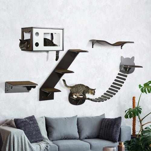 PawHut Cat Shelves With Ergonomically Curved Platform, Cozy Cat House, Bridge, Easy Stairs, And Flat Perch, Wall - Mounted Cat Tree Climbing Playground, Modern Cat Tree, Coffee Brown - Mijn winkel