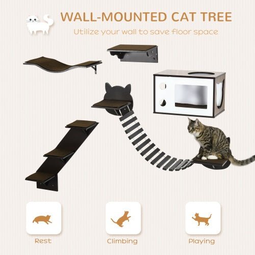 PawHut Cat Shelves With Ergonomically Curved Platform, Cozy Cat House, Bridge, Easy Stairs, And Flat Perch, Wall - Mounted Cat Tree Climbing Playground, Modern Cat Tree, Coffee Brown - Mijn winkel