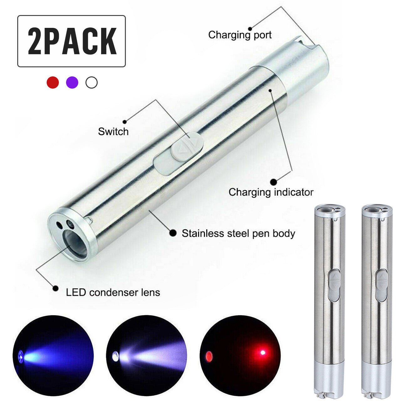 Red Laser Pointer Pen USB Rechargeable LED Light 3 In 1 UV Flashlight 2pcs Cat Dog Toys - Mijn winkel