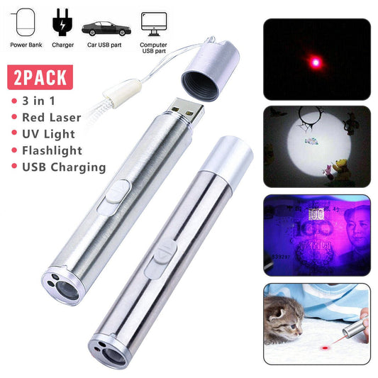 Red Laser Pointer Pen USB Rechargeable LED Light 3 In 1 UV Flashlight 2pcs Cat Dog Toys - Mijn winkel