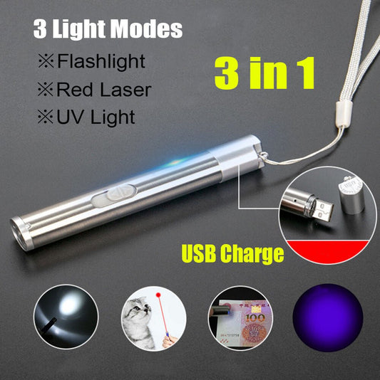 Red Laser Pointer Pen USB Rechargeable LED Light 3 In 1 UV Flashlight Cat Dog Toys - Mijn winkel