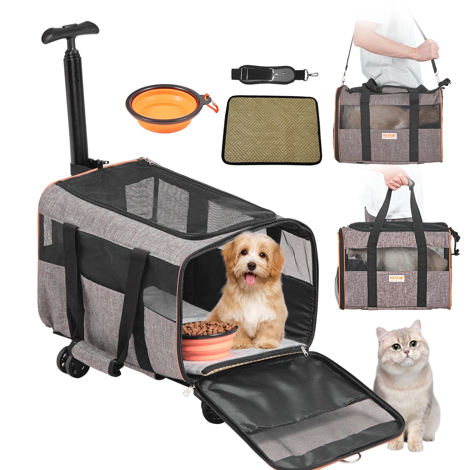VEVOR Cat Carrier With Wheels, Airline Approved Rolling Pet Carrier With Telescopic Handle And Shoulder Strap, Dog Carrier With Wheels For Pets Under 22 Lbs, With 1 Folding Bowl, Grey - Mijn winkel